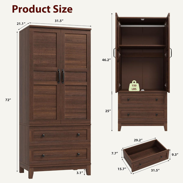 Armoire Wardrobe Cabinet with 2 Doors & 2 Drawers