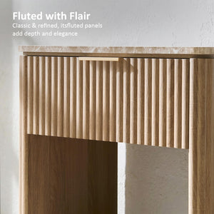 Fluted Nightstand Set of 2 with Faux Marble Top, Drawer & Open Shelf