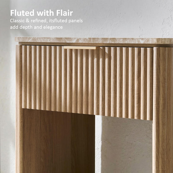 Fluted Nightstand Set of 2 with Faux Marble Top, Drawer & Open Shelf