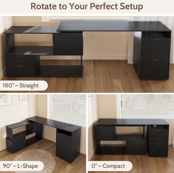 L-Shaped Desk with Drawers & Power Outlet – 66 Inch Corner Computer Desk