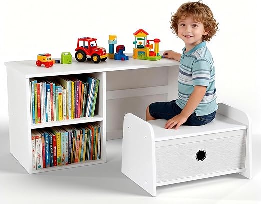 Kids Bookshelf with Reading Nook and Storage Bench