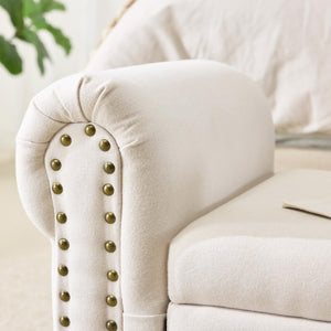 Upholstered Storage Bench with Rolled Arms & Nailhead Trim