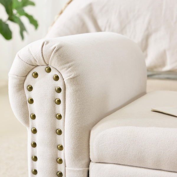 Upholstered Storage Bench with Rolled Arms & Nailhead Trim
