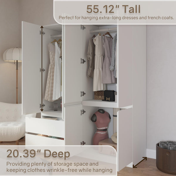 4-Door Armoire Wardrobe Closet with Drawers & Hanging Rod