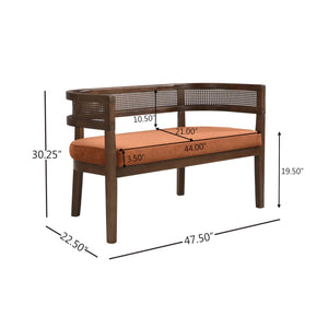 Fabric Upholstered Loveseat with Rattan Backrest & Rubberwood Frame