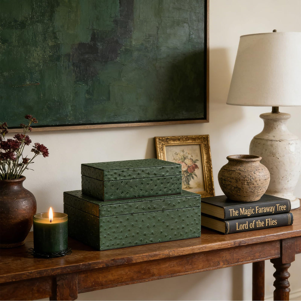 Decorative Storage Boxes Set of 2 with Lids – Faux Leather Nesting Jewelry & Keepsake Boxes