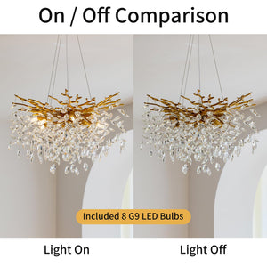 23.6" Gold Crystal Tree Branch Chandelier – 8-Light Pendant