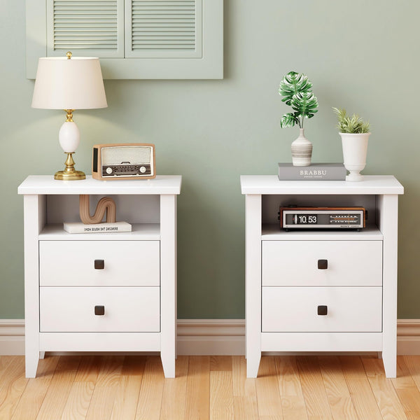 Farmhouse Nightstand Set of 2 with 2 Drawers and Open Shelf