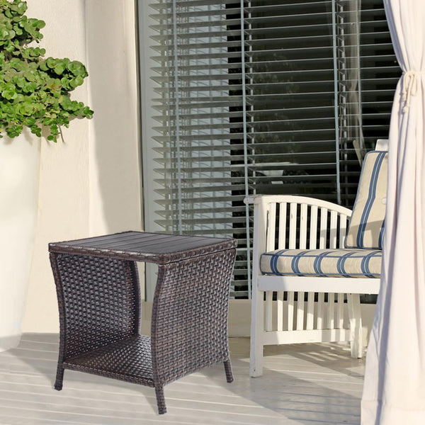 Outdoor Wicker Patio Side Table with Storage – 2-Layer PE Rattan End Table