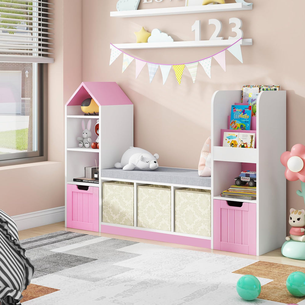 Kids Bookcase with Reading Nook – 7 Cubbies, 2 Drawers & Seat Cushion