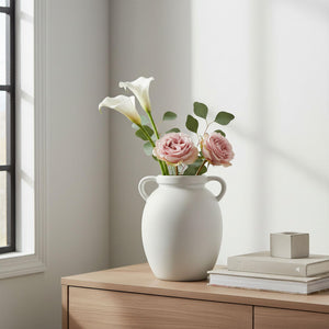 Matte White Ceramic Pitcher Vase with Handles
