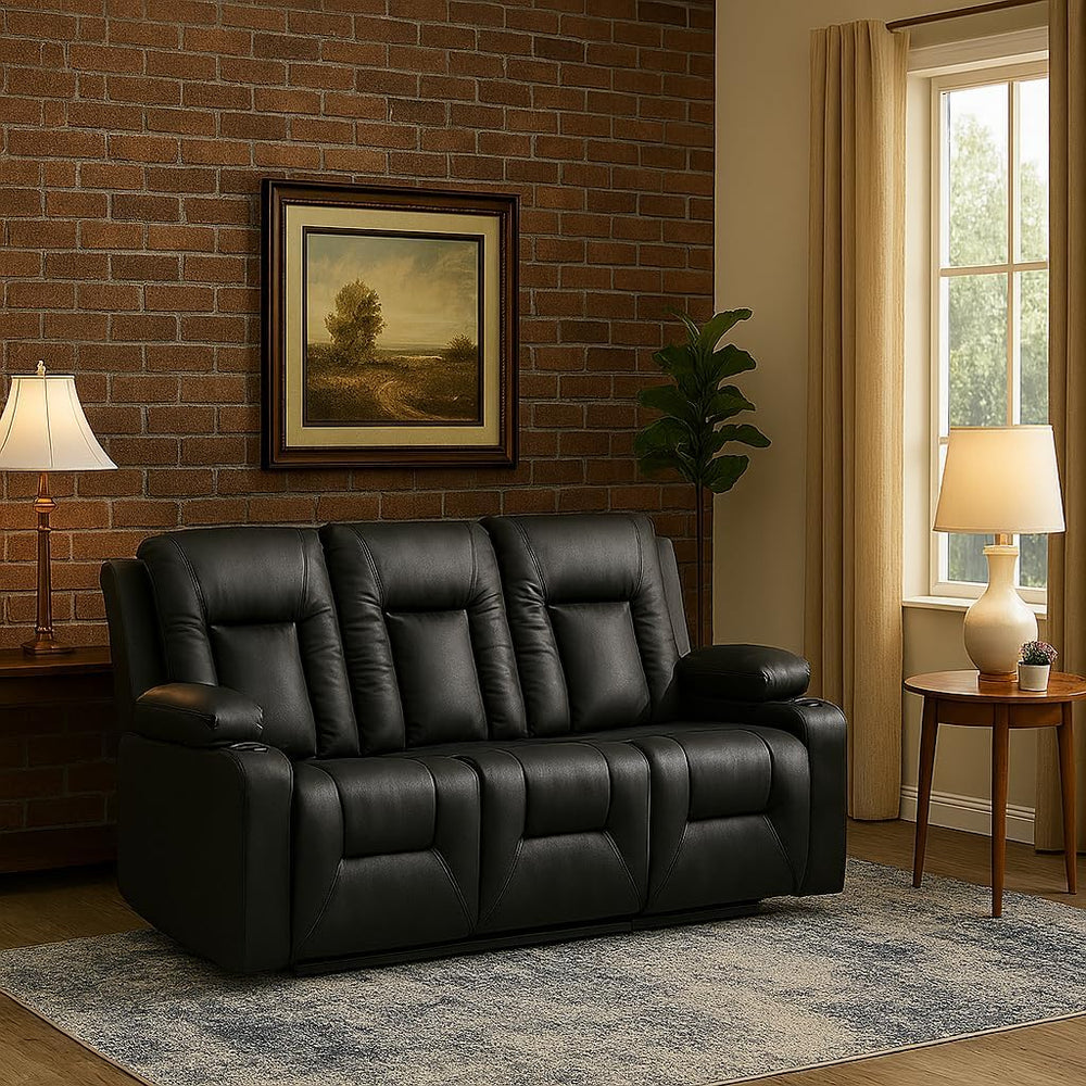 Black Faux Leather Recliner Sofa Set with Cup Holders