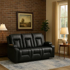 Black Faux Leather Recliner Sofa Set with Cup Holders