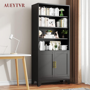 6-Tier Metal Bookcase with Doors – Floor Standing Storage Shelf