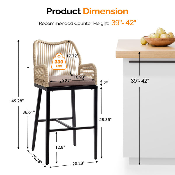 Outdoor Wicker Bar Stools Set of 2 with Cushions & Backrest