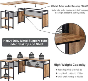 L-Shaped Computer Desk with Wood Shelves & Metal Legs, 59 Inch