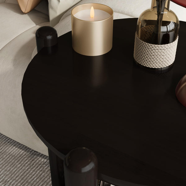2-Tier Round End Table with Rattan Storage Shelf
