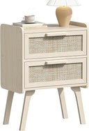 Boho Rattan Nightstand with 2 Drawers & Solid Wood Legs
