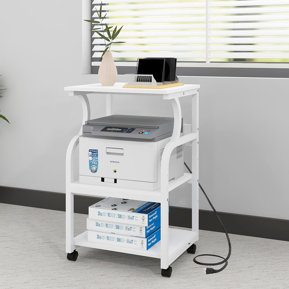 3-Tier Rolling Printer Stand with Adjustable Shelf & Power Outlets