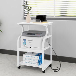 3-Tier Rolling Printer Stand with Adjustable Shelf & Power Outlets