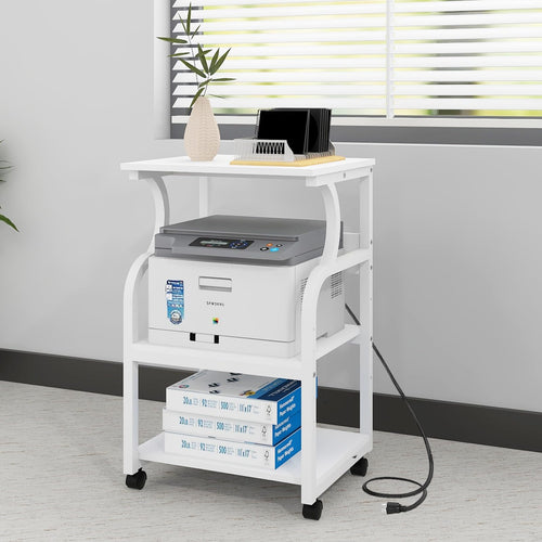 3-Tier Rolling Printer Stand with Adjustable Shelf & Power Outlets