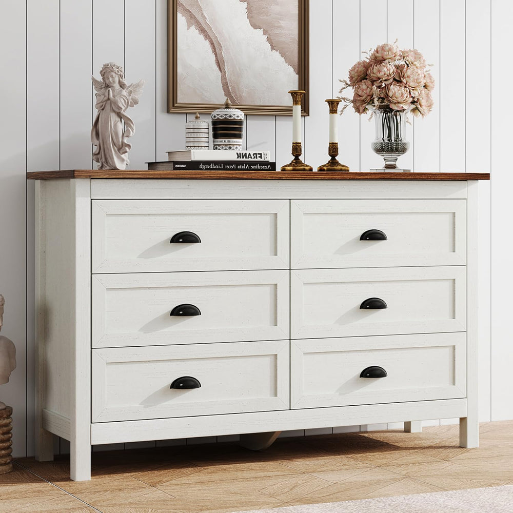 6-Drawer White Dresser with Black Handles