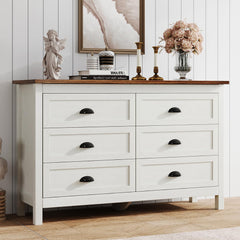6-Drawer White Dresser with Black Handles