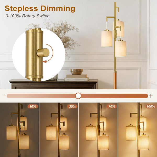 Dimmable Wood Floor Lamp with 3 Bulbs
