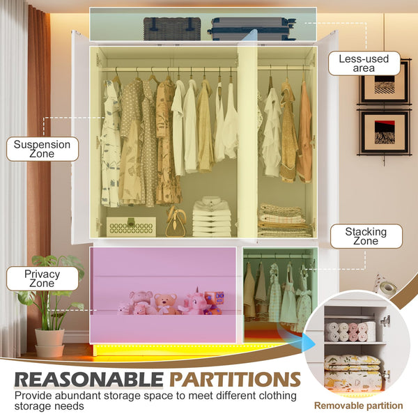 3-Door Wardrobe Closet with Mirror, LED Lights & Drawers