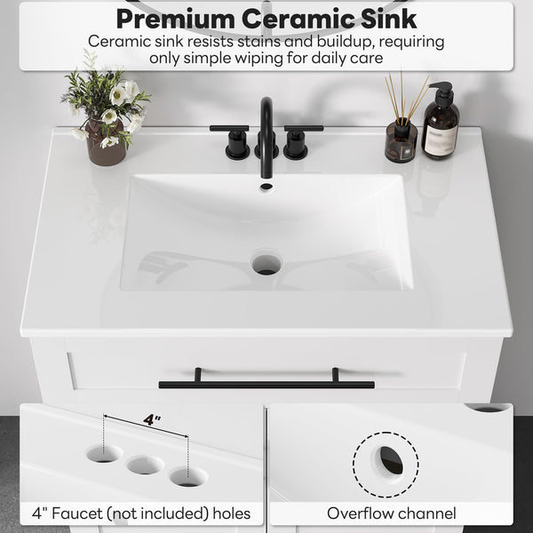 30" Freestanding Bathroom Vanity with Integrated Ceramic Sink