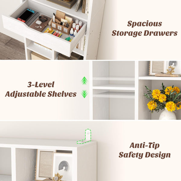 8-Tier Tall Narrow Bookshelf with Drawer