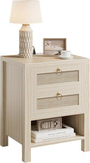 Rattan Nightstand with Charging Station and Storage Drawers