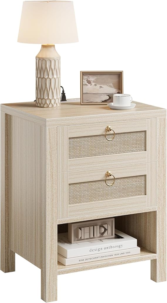 Rattan Nightstand with Charging Station and Storage Drawers