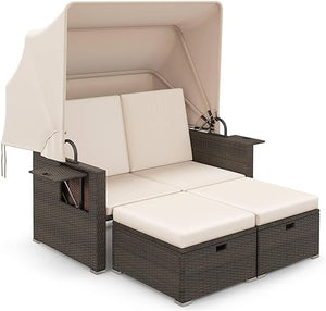 Outdoor Rattan Daybed with Retractable Canopy & Adjustable Backrests