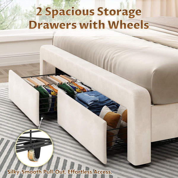 Queen Upholstered Bed Frame with LED Lights & Storage Drawers