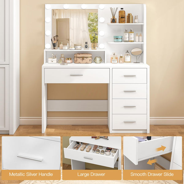 Makeup Vanity Desk with Mirror & Lights, 5 Drawers