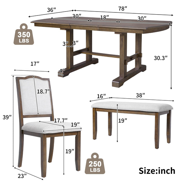 6-Piece Extendable Dining Table Set with Chairs and Bench