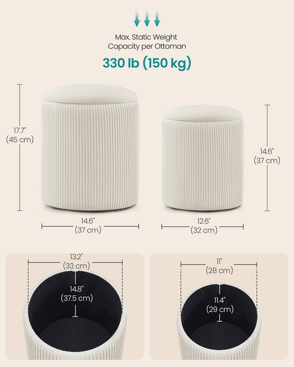 Round Storage Ottoman Set of 2 with Removable Lid — Velvet, Footrest & Vanity Stool
