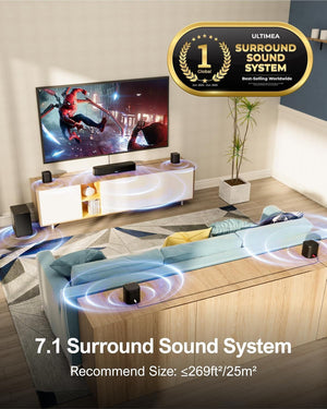 7.1ch Virtual Surround Sound Bar with 4 Surround Speakers & Subwoofer