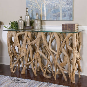 Reclaimed Teak Wood Console Table with Clear Glass Top