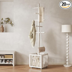 Freestanding Wood Coat Rack with 10 Hooks & Rolling Wheels
