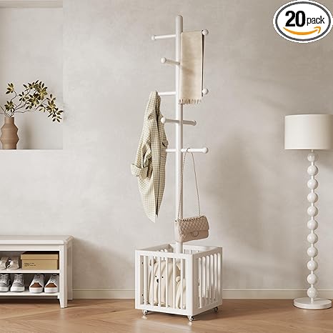 Freestanding Wood Coat Rack with 10 Hooks & Rolling Wheels
