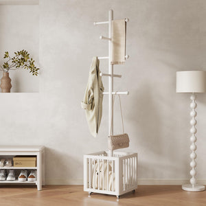 Freestanding Wood Coat Rack with 10 Hooks & Rolling Wheels