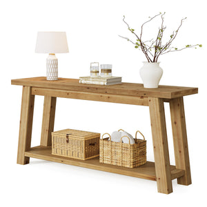 70.9" Solid Wood Console Table with 2-Tier Storage Shelf
