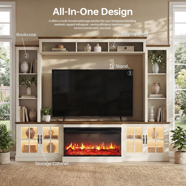 98" Farmhouse Entertainment Center with Fireplace, TV Stand & Barn Doors