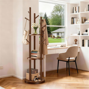 Rotating Solid Wood Coat Rack with 3 Shelves & 9 Hooks