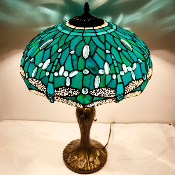 Tiffany Table Lamp Sea Blue Green Dragonfly Stained Glass 16" Shade 24" Height
