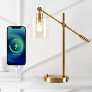 Adjustable Brass Gold Desk Lamp with USB Charging Port and Seeded Glass Shade