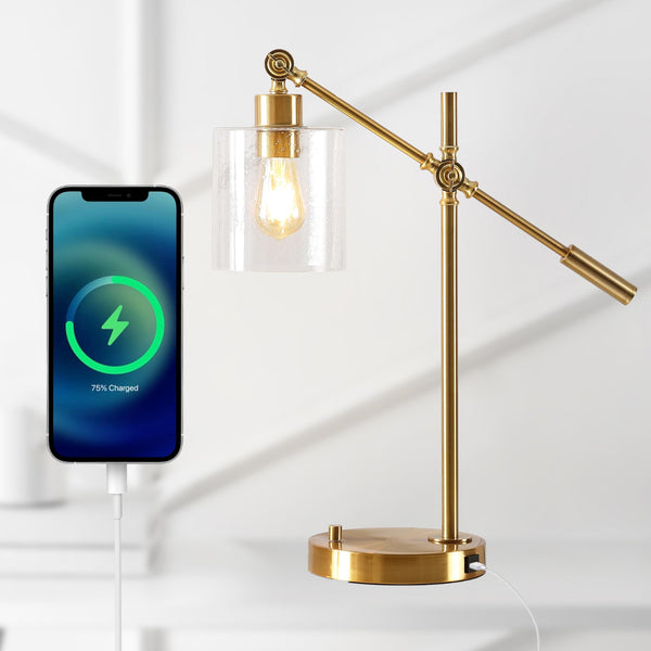 Adjustable Brass Gold Desk Lamp with USB Charging Port and Seeded Glass Shade