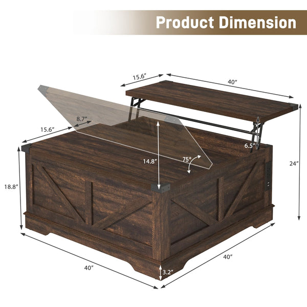 40" Square Farmhouse Lift Top Coffee Table with Power Outlets & Hidden Storage